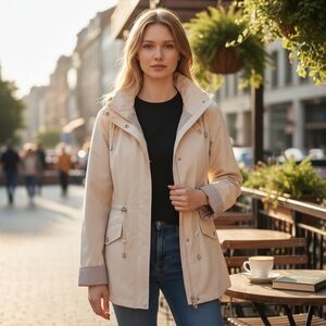 WHITE STAG | Cream Taupe Hooded Snap Zip Utility Jacket Silver Accents | S